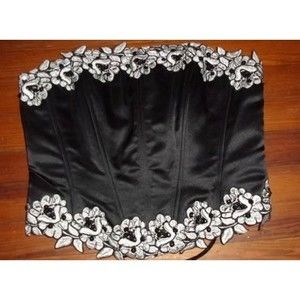 LeNovia Black Poly Satin Floral Embroidered w/Beads & Sequins Corset Top XL